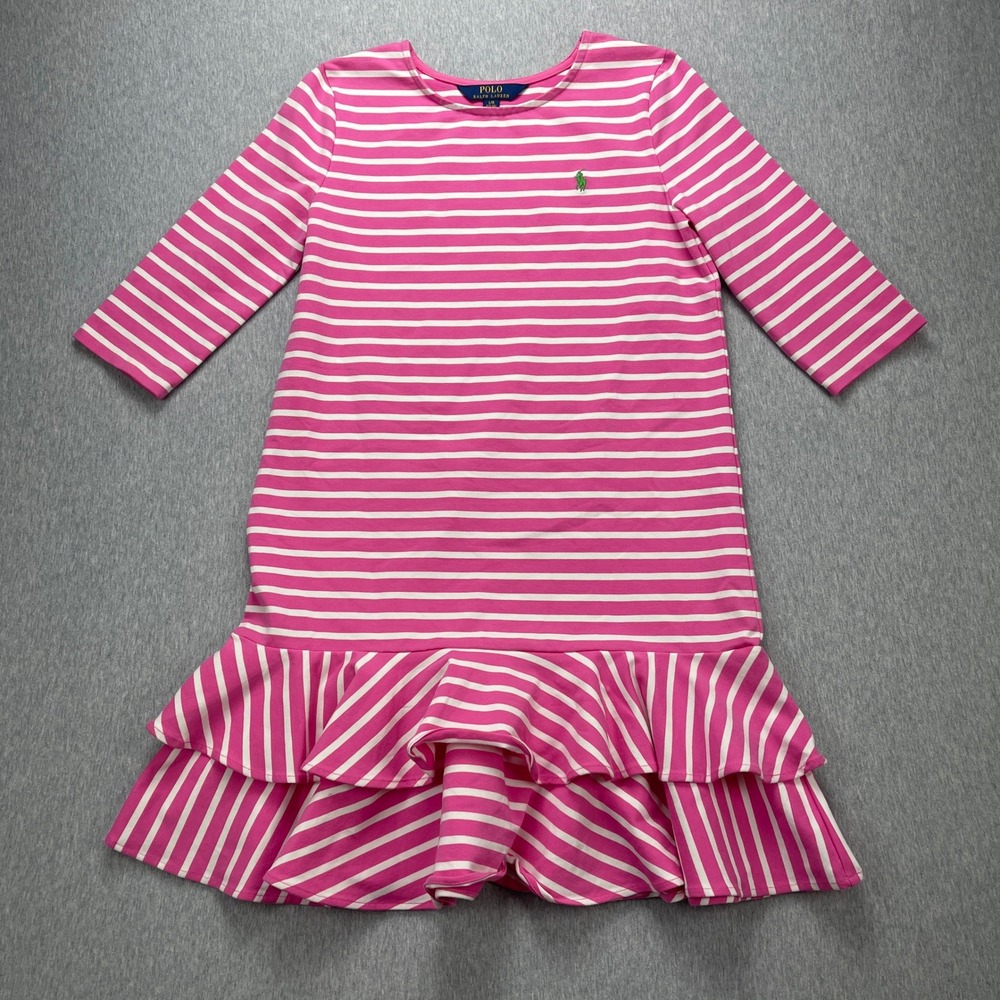 Polo Ralph Lauren Dress Girls L 12-14 Ruffle Hem Pink White Striped Pony EUC